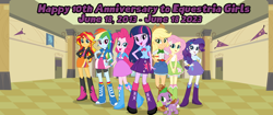 Size: 1024x431 | Tagged: safe, artist:miketheelephantbrony, applejack, fluttershy, pinkie pie, rainbow dash, rarity, spike, sunset shimmer, twilight sparkle, dog, human, equestria girls 10th anniversary, equestria girls, g4, cowboy boots, humane five, humane seven, humane six, spike the dog