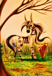 Size: 2570x3736 | Tagged: safe, artist:cahandariella, oc, oc:cahan, undead, zebra, colored pencil drawing, female, flower, grass, high res, mare, newbie artist training grounds, solo, traditional art, tree, zebra oc