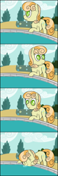 Size: 2000x6000 | Tagged: safe, artist:mariculture, junebug, earth pony, pony, g4, /bale/, 4 panel comic, blowing bubbles, comic, eyes closed, female, fountain, mare, ponerpics import, silly, silly pony, smiling, solo, water