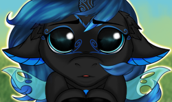 Size: 2160x1285 | Tagged: safe, artist:ondrea, oc, oc:sinari, changeling, changeling queen, begging, big eyes, blue changeling, cute, eyebrows, eyebrows visible through hair, facial markings, solo