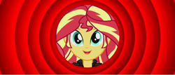 Size: 700x299 | Tagged: safe, artist:mlpfan3991, sunset shimmer, human, equestria girls, friendship through the ages, g4, female, looking at you, looney tunes, smiling, that's all folks, warner brothers