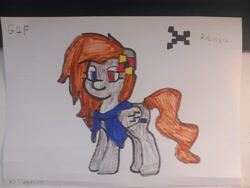 Size: 4080x3060 | Tagged: safe, artist:unyielder, oc, oc only, oc:g4f, pegasus, pony, brown mane, clothes, female, flower, flower in hair, gray coat, mare, offspring, pegasus oc, solo, traditional art