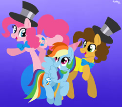 Size: 1700x1500 | Tagged: safe, artist:monnarcha, cheese sandwich, pinkie pie, rainbow dash, earth pony, pegasus, pony, g4, pinkie pride, bowtie, female, gradient background, grin, hat, lineless, male, mare, open mouth, open smile, smiling, stallion, standing on two hooves, top hat, trio