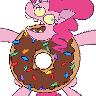 Size: 198x198 | Tagged: safe, artist:threetwotwo32232, pinkie pie, earth pony, pony, g4, animated, donut, female, food, gif, mare, simple background, solo, transparent background
