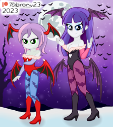 Size: 1678x1872 | Tagged: safe, artist:tabrony23, rarity, sweetie belle, human, succubus, equestria girls, g4, angry, belle sisters, boots, capcom, clothes, cosplay, costume, cute, darkstalkers, female, lilith aensland, moon, morrigan aensland, night, sexy, shoes, siblings, sisters, smiling, sweetie belle is not amused, unamused