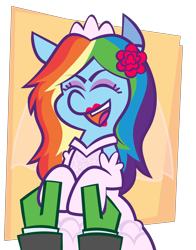 Size: 3204x4094 | Tagged: safe, artist:threetwotwo32232, rainbow dash, oc, oc:anon, pegasus, pony, g4, eyes closed, female, holding hooves, mare, marriage, open mouth, open smile, simple background, smiling, solo focus, transparent background, wedding