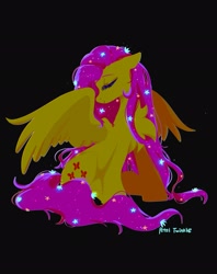 Size: 1620x2048 | Tagged: safe, artist:petaltwinkle, fluttershy, pegasus, pony, g4, black background, chest fluff, eyes closed, female, floppy ears, flower, flower in hair, glowing, mare, partially open wings, signature, simple background, sitting, smiling, solo, sparkly mane, turned head, wings