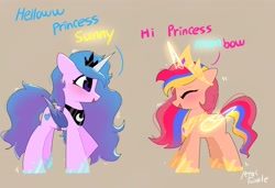 Size: 2048x1404 | Tagged: safe, artist:petaltwinkle, izzy moonbow, princess celestia, princess luna, sunny starscout, alicorn, earth pony, pony, unicorn, g5, blushing, brown background, clothes, cosplay, costume, cute, dialogue, duo, eyes closed, fake wings, female, filly, filly izzy moonbow, filly sunny starscout, foal, izzy diana moonbow, izzybetes, mane stripe sunny, open mouth, open smile, pun, race swap, signature, simple background, smiling, sunnybetes, sunnycorn, wordplay, younger