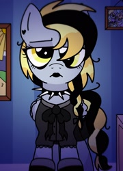 Size: 1474x2048 | Tagged: safe, artist:doodlesinky, artist:muffinmail2, derpy hooves, pegasus, pony, g4, alternate hairstyle, choker, female, frown, goth, hair over one eye, looking at you, solo, spiked choker, unamused