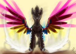 Size: 4961x3508 | Tagged: safe, artist:mekblue, oc, oc only, oc:mechanical star, pegasus, pony, amputee, menacing, pansexual pride flag, pegasus oc, pride, pride flag, pride month, prosthetic limb, prosthetics, sketch, solo, spread wings, steam, wings