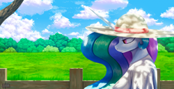 Size: 5192x2654 | Tagged: safe, artist:suhar, princess celestia, alicorn, anthro, g4, clothes, cloud, cloudy, cottagecore, country, countryside, dappled sunlight, dress, female, fence, field, grass, grass field, hat, high res, horn, multicolored mane, nature, scenery, scenery porn, shade, signature, sky, solo, sun hat, tree, watermark