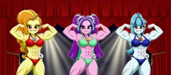 Size: 4986x2200 | Tagged: safe, artist:ameliacostanza, adagio dazzle, aria blaze, sonata dusk, human, equestria girls, g4, abs, acardio dazzle, aria brute, armpits, biceps, bikini, bodybuilder, bodybuilding contest, breasts, busty adagio dazzle, busty aria blaze, busty sonata dusk, clothes, commission, female, flexing, looking at you, muscles, muscular female, swimsuit, swolenata dusk, the dazzlings, thighs, thunder thighs, triceps, trio