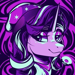 Size: 3600x3600 | Tagged: safe, artist:poxy_boxy, starlight glimmer, pony, unicorn, g4, abstract background, beanie, bust, clothes, commission, equestria girls outfit, female, hat, high res, lidded eyes, limited palette, mare, smiling, solo