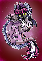 Size: 580x848 | Tagged: safe, artist:sogwoggy, draconequus, claws, dragon wings, fangs, feathered wings, fusion, fusion:discord, fusion:twilight sparkle, implied discord, implied twilight sparkle, red background, simple background, solo, wings