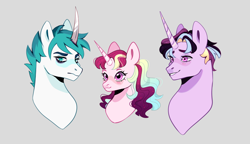 Size: 1650x948 | Tagged: safe, artist:kraytt-05, oc, oc only, oc:centella star, oc:protective gloss, oc:zero fire, alicorn, pony, unicorn, bags under eyes, bust, curved horn, female, frown, gray background, horn, long horn, male, mare, offspring, parent:princess cadance, parent:shining armor, parents:shiningcadance, siblings, simple background, smiling, stallion, trio