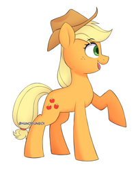 Size: 1200x1483 | Tagged: safe, artist:handgunboi, applejack, earth pony, pony, g4, applejack's hat, cowboy hat, female, happy, hat, mare, raised hoof, side view, signature, simple background, solo, white background