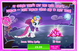 Size: 1960x1300 | Tagged: safe, gameloft, idw, rarity, pony, unicorn, g4, my little pony: magic princess, advertisement, costs real money, crown, english, female, gem, horn, idw showified, introduction card, jewelry, mantle, mare, mobile game, numbers, regalia, sale, solo, text