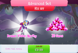 Size: 1264x860 | Tagged: safe, gameloft, idw, rarity, pony, unicorn, g4, my little pony: magic princess, advanced set, bundle, costs real money, crown, english, female, gem, horn, idw showified, jewelry, mantle, mare, mobile game, numbers, regalia, sale, solo, text