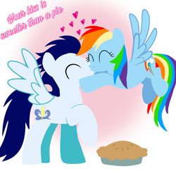 Size: 1400x1400 | Tagged: safe, artist:mlplary6, rainbow dash, soarin', pegasus, pony, g4, ^^, boyfriend and girlfriend, duo, eyes closed, female, flying, food, heart, kiss on the lips, kissing, love, male, mare, pie, ship:soarindash, shipping, stallion, straight, text