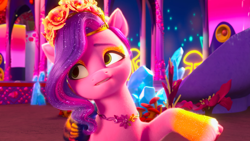 Size: 1920x1080 | Tagged: safe, screencap, pipp petals, pegasus, pony, bridlewoodstock (make your mark), g5, my little pony: make your mark, my little pony: make your mark chapter 4, spoiler:g5, spoiler:my little pony: make your mark, spoiler:my little pony: make your mark chapter 4, spoiler:mymc04e01, adorapipp, bracelet, bridlewood, bridlewoodstock, colored wings, cute, eyeshadow, female, floral head wreath, flower, jewelry, makeup, mare, multicolored mane, multicolored wings, necklace, solo, tiara, wings