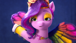 Size: 1920x1080 | Tagged: safe, screencap, pipp petals, pegasus, pony, bridlewoodstock (make your mark), g5, my little pony: make your mark, my little pony: make your mark chapter 4, spoiler:g5, spoiler:my little pony: make your mark, spoiler:my little pony: make your mark chapter 4, spoiler:mymc04e01, adorapipp, bracelet, bridlewood, bridlewoodstock, colored wings, cute, eyeshadow, female, floral head wreath, flower, jewelry, makeup, mare, multicolored mane, multicolored wings, necklace, solo, spread wings, tiara, wings