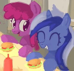 Size: 2008x1918 | Tagged: safe, artist:mandumustbasukanemen, berry punch, berryshine, minuette, earth pony, pony, unicorn, g4, burger, duo, female, food, grin, hay burger, ketchup, mare, sauce, smiling
