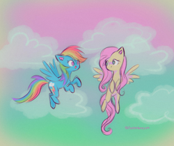 Size: 1280x1073 | Tagged: safe, artist:flutterberrypie, fluttershy, rainbow dash, pegasus, pony, g4, cloud, colored pinnae, colorful, cute, duo, excited, female, flying, green sky, hooves up, lesbian, looking at each other, looking at someone, mare, no pupils, open mouth, pink sky, ship:flutterdash, shipping, shyabetes, sky, sky background, smiling, spread wings, wings