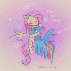 Size: 576x576 | Tagged: safe, artist:flutterberrypie, fluttershy, rainbow dash, pegasus, pony, g4, abstract background, colored pinnae, comforting, cute, daaaaaaaaaaaw, duo, encouragement, eyes closed, eyes open, female, flying, hug, lesbian, mare, no pupils, purple background, ship:flutterdash, shipping, shooting star, shyabetes, simple background, spread wings, stars, wings