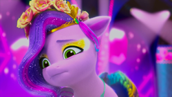 Size: 1920x1080 | Tagged: safe, screencap, pipp petals, pegasus, pony, bridlewoodstock (make your mark), g5, my little pony: make your mark, my little pony: make your mark chapter 4, spoiler:g5, spoiler:my little pony: make your mark, spoiler:my little pony: make your mark chapter 4, spoiler:mymc04e01, adorapipp, bridlewoodstock, colored wings, cute, eyeshadow, female, floral head wreath, flower, jewelry, makeup, mare, multicolored mane, multicolored wings, necklace, sad, solo, tiara, wings