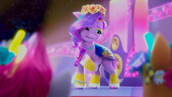 Size: 1920x1080 | Tagged: safe, screencap, hitch trailblazer, pipp petals, zipp storm, earth pony, pegasus, pony, bridlewoodstock (make your mark), g5, my little pony: make your mark, my little pony: make your mark chapter 4, spoiler:g5, spoiler:my little pony: make your mark, spoiler:my little pony: make your mark chapter 4, spoiler:mymc04e01, adorapipp, bracelet, bridlewoodstock, colored wings, cute, eyeshadow, female, floral head wreath, flower, jewelry, makeup, male, mare, multicolored mane, multicolored wings, necklace, scene, stallion, tiara, wings