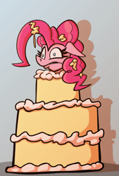 Size: 955x1410 | Tagged: safe, artist:cowsrtasty, pinkie pie, earth pony, pony, g4, cake, female, food, mare, ponk, popping out of a cake, solo, stuck