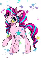Size: 1240x1754 | Tagged: safe, artist:stacy_165cut, oc, oc only, pony, unicorn, dock, grin, looking at you, looking back, looking back at you, raised hoof, raised leg, simple background, smiling, solo, stars, tail, white background