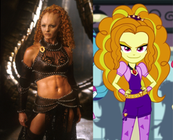 Size: 2231x1801 | Tagged: safe, edit, edited screencap, screencap, adagio dazzle, sonata dusk, alien, human, equestria girls, g4, my little pony equestria girls: rainbow rocks, belly button, comparison, cropped, farscape, interion, irl, irl human, jool, joolushko tunai fenta hovalis, photo, smiling, smirk