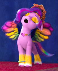 Size: 613x743 | Tagged: safe, screencap, pipp petals, pegasus, pony, bridlewoodstock (make your mark), g5, my little pony: make your mark, my little pony: make your mark chapter 4, spoiler:g5, spoiler:my little pony: make your mark, adorapipp, bodypaint, bracelet, bridlewoodstock, colored wings, cropped, cute, eyelashes, eyeshadow, female, floral head wreath, flower, flower in hair, jewelry, makeup, mare, multicolored mane, multicolored wings, necklace, solo, spread wings, unshorn fetlocks, wings