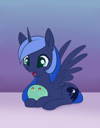 Size: 1620x2070 | Tagged: safe, artist:dusthiel, princess luna, alicorn, pony, g4, atg 2023, cute, dilated pupils, egg, gradient background, lunabetes, lying down, newbie artist training grounds, open mouth, prone, solo, spread wings, teeth, wings