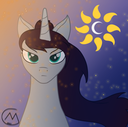 Size: 1941x1925 | Tagged: safe, artist:maître cervidé, oc, oc only, oc:luminary divine, pony, unicorn, bust, female, gradient background, portrait, solo