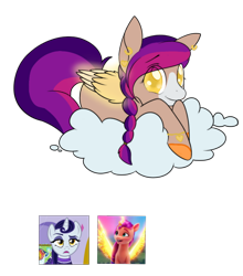 Size: 1080x1228 | Tagged: safe, artist:crumbelinadicarmello, screencap, moonlight raven, sunny starscout, oc, alicorn, pegasus, pony, unicorn, g4, g5, my little pony: a new generation, spoiler:my little pony: a new generation, base used, bracelet, braid, cloud, colored hooves, ear piercing, earring, female, glowing, glowing wings, golden eyes, jewelry, lying down, lying on a cloud, magical lesbian spawn, mare, offspring, on a cloud, parent:moonlight raven, parent:sunny starscout, piercing, race swap, screencap reference, simple background, sitting, sitting on a cloud, sunnycorn, transparent background, wings