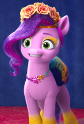 Size: 668x989 | Tagged: safe, screencap, pipp petals, pegasus, pony, bridlewoodstock (make your mark), g5, my little pony: make your mark, my little pony: make your mark chapter 4, spoiler:g5, spoiler:my little pony: make your mark, adorapipp, bodypaint, bridlewoodstock, colored wings, cropped, cute, eyelashes, eyeshadow, female, floral head wreath, flower, flower in hair, jewelry, makeup, mare, multicolored mane, multicolored wings, necklace, solo, unshorn fetlocks, wings