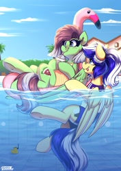 Size: 2650x3750 | Tagged: safe, artist:shadowreindeer, oc, oc only, oc:animatedpony, oc:watermelon success, pegasus, pony, clothes, commission, duo, high res, pegasus oc, pool toy, rubber duck, swimming pool, swimsuit, tongue out, water