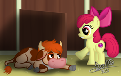 Size: 3082x1936 | Tagged: safe, artist:tidmouthmilk12, apple bloom, oc, bull, cow, earth pony, pony, g4, 2023, atg 2023, barn, bow, duo, female, filly, foal, grin, hair bow, horns, lying down, newbie artist training grounds, sad, signature, smiling