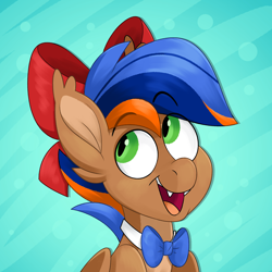 Size: 2500x2500 | Tagged: safe, artist:luximus17, oc, oc only, oc:johan, bat pony, pony, abstract background, bat pony oc, bow, bowtie, bust, hair bow, high res, looking up, male, male oc, open mouth, open smile, pale belly, portrait, simple background, smiling, solo