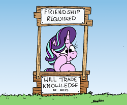 Size: 1977x1636 | Tagged: safe, artist:bobthedalek, starlight glimmer, pony, unicorn, g4, atg 2023, booth, cute, female, glimmerbetes, gradient background, head in hooves, kite, mare, newbie artist training grounds, peanuts (comic), scrunchy face, sign, solo, that pony sure does love kites