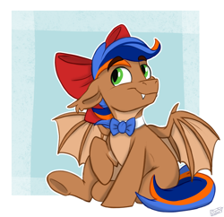 Size: 1800x1745 | Tagged: safe, artist:rutkotka, oc, oc only, oc:johan, bat pony, pony, abstract background, bat pony oc, bow, bowtie, fangs, hair bow, male, male oc, pale belly, signature, sitting, smiling, solo, spread wings, wings