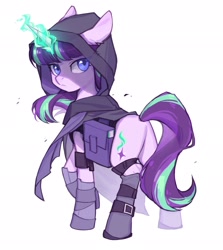 Size: 1827x2048 | Tagged: safe, artist:7hundredt, starlight glimmer, pony, unicorn, g4, bag, butt, cloak, clothes, female, glowing, glowing horn, horn, looking at you, looking back, looking back at you, magic, magic aura, mare, plot, saddle bag, simple background, solo, white background