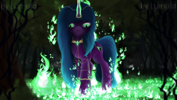 Size: 2000x1125 | Tagged: safe, artist:lumolla, oc, pony, unicorn, fire, forest, glowing, glowing horn, gold, grass, green eyes, green fire, horn, horn ring, jewelry, ring, solo