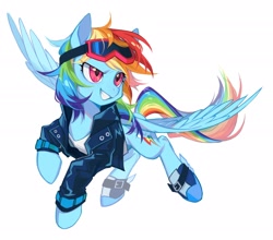 Size: 2048x1799 | Tagged: safe, artist:7hundredt, rainbow dash, pegasus, pony, g4, clothes, female, flying, goggles, jacket, leather, leather jacket, mare, simple background, solo, spread wings, white background, wings