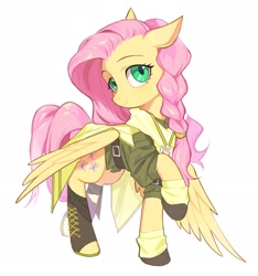 Size: 1904x2036 | Tagged: safe, artist:7hundredt, fluttershy, pegasus, pony, g4, alternate hairstyle, badge, braid, clothes, cute, female, mare, shyabetes, simple background, solo, white background