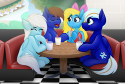 Size: 5400x3600 | Tagged: safe, artist:feather_bloom, oc, oc:cuteamena, oc:electric blue, oc:feather bloom(fb), oc:feather_bloom, earth pony, pegasus, pony, birthday, booth, bow, clothes, couples, detailed background, diner, double date, drink, drinking, electricute, hair bow, laughing, restaurant, shading, socks, straw in mouth, table, window