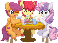 Size: 8536x6321 | Tagged: safe, artist:cyanlightning, apple bloom, scootaloo, sweetie belle, earth pony, pegasus, pony, unicorn, g4, .svg available, absurd resolution, adorabloom, apple bloom's bow, bow, chair, chest fluff, cupcake, cute, cutie mark crusaders, drink, drinking, eating, female, filly, foal, food, hair bow, milkshake, open mouth, simple background, sitting, soda, table, tongue out, transparent background, vector