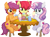 Size: 8536x6321 | Tagged: safe, artist:cyanlightning, apple bloom, scootaloo, sweetie belle, earth pony, pegasus, pony, unicorn, g4, .svg available, absurd resolution, adorabloom, apple bloom's bow, bow, chair, chest fluff, cupcake, cute, cutie mark crusaders, drink, drinking, eating, female, filly, foal, folded wings, food, hair bow, horn, milkshake, open mouth, simple background, sitting, soda, table, the cmc's cutie marks, tongue out, transparent background, trio, trio female, vector, wings